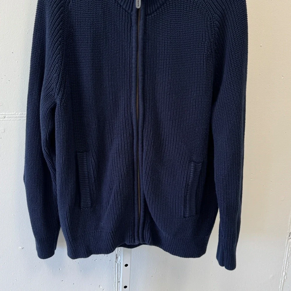 L.L. Bean Men's Large Navy Cotton Full Zip Shaker Knit Cardigan Sweater 298244